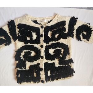 Charlie & Robin Wool Cardigan Sweater M Black White Geometric Shaggy Boho Retro